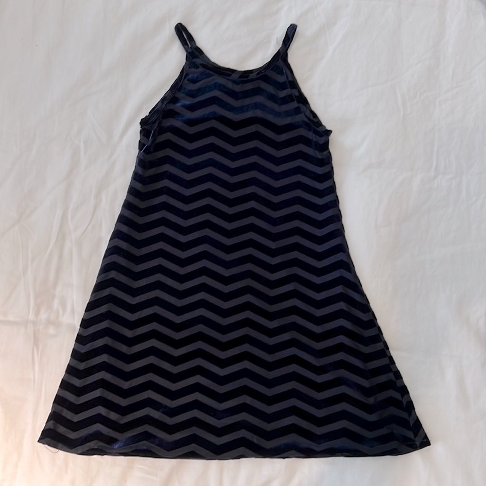 Navy “burn-out” velvet chevron patterned party dress by Sally Miller couture.